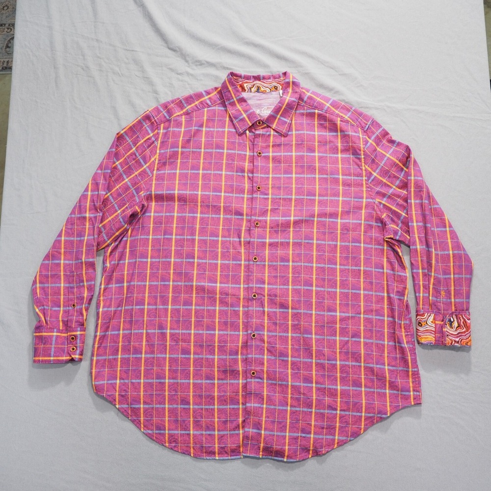 Robert Graham Shirt Men 2XL Purple Plaid Paisley Cotton Long Sleeve Flip Cuff